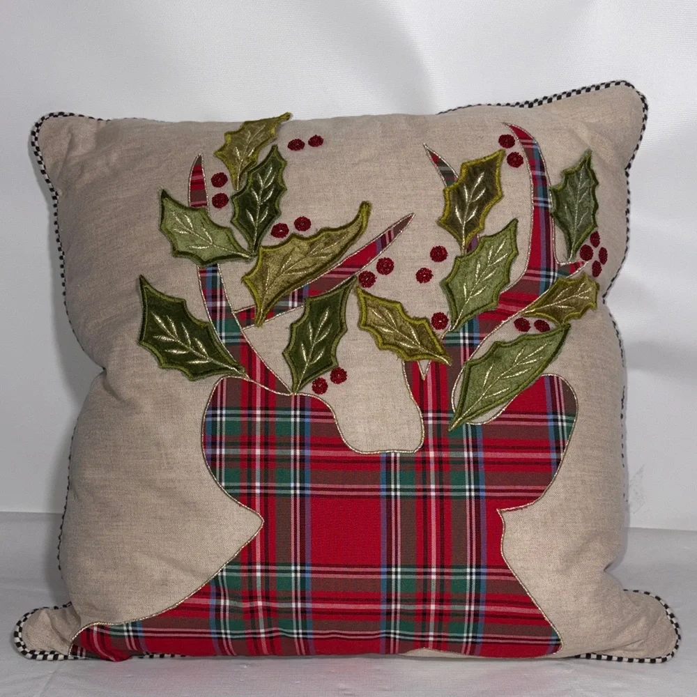 MacKenzie-Childs Tartan Stag Pillow With Courtly Check Piping 18” x 18”